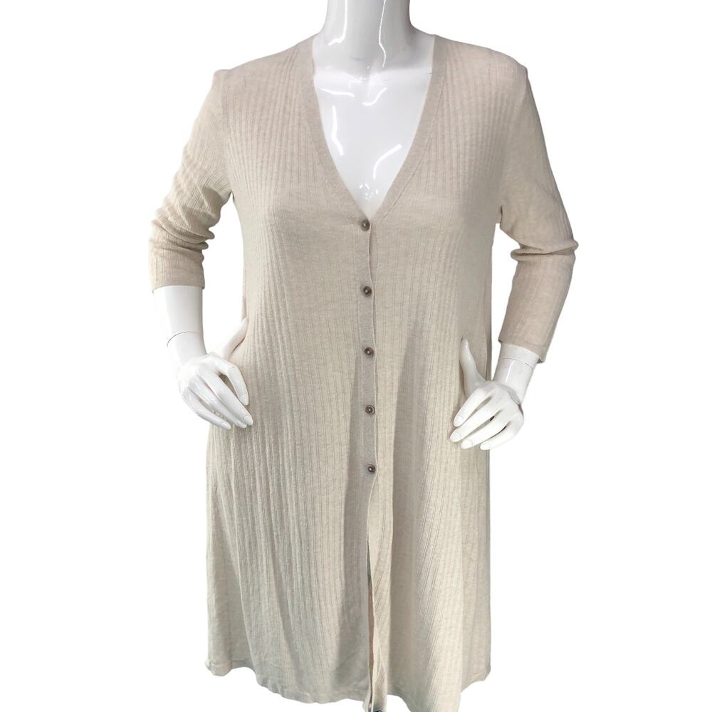 J Jill Womens Size S Cardigan Sweater Beige Buttoned Ribbed Linen Blend Ecru